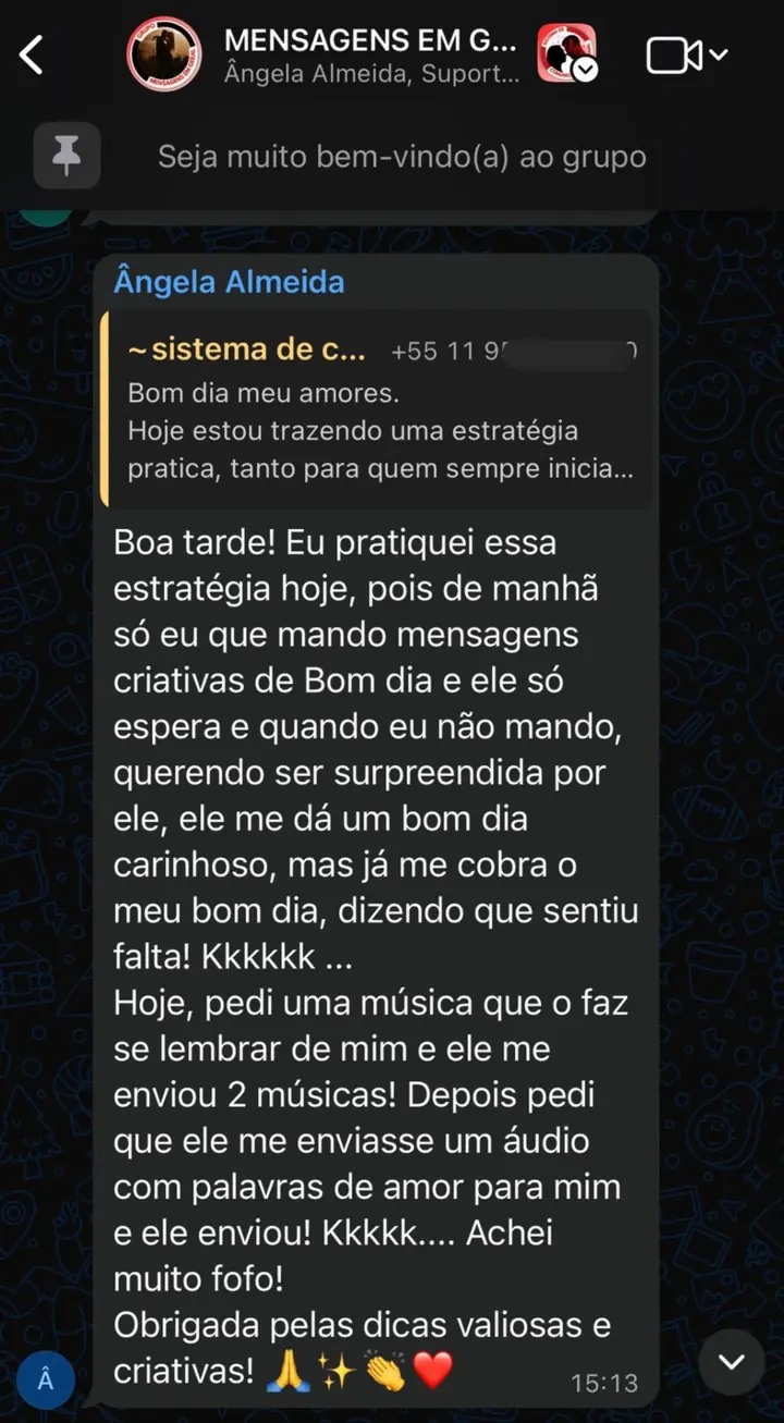 Depoimento real agradecendo pelas dicas valiosas e criativas